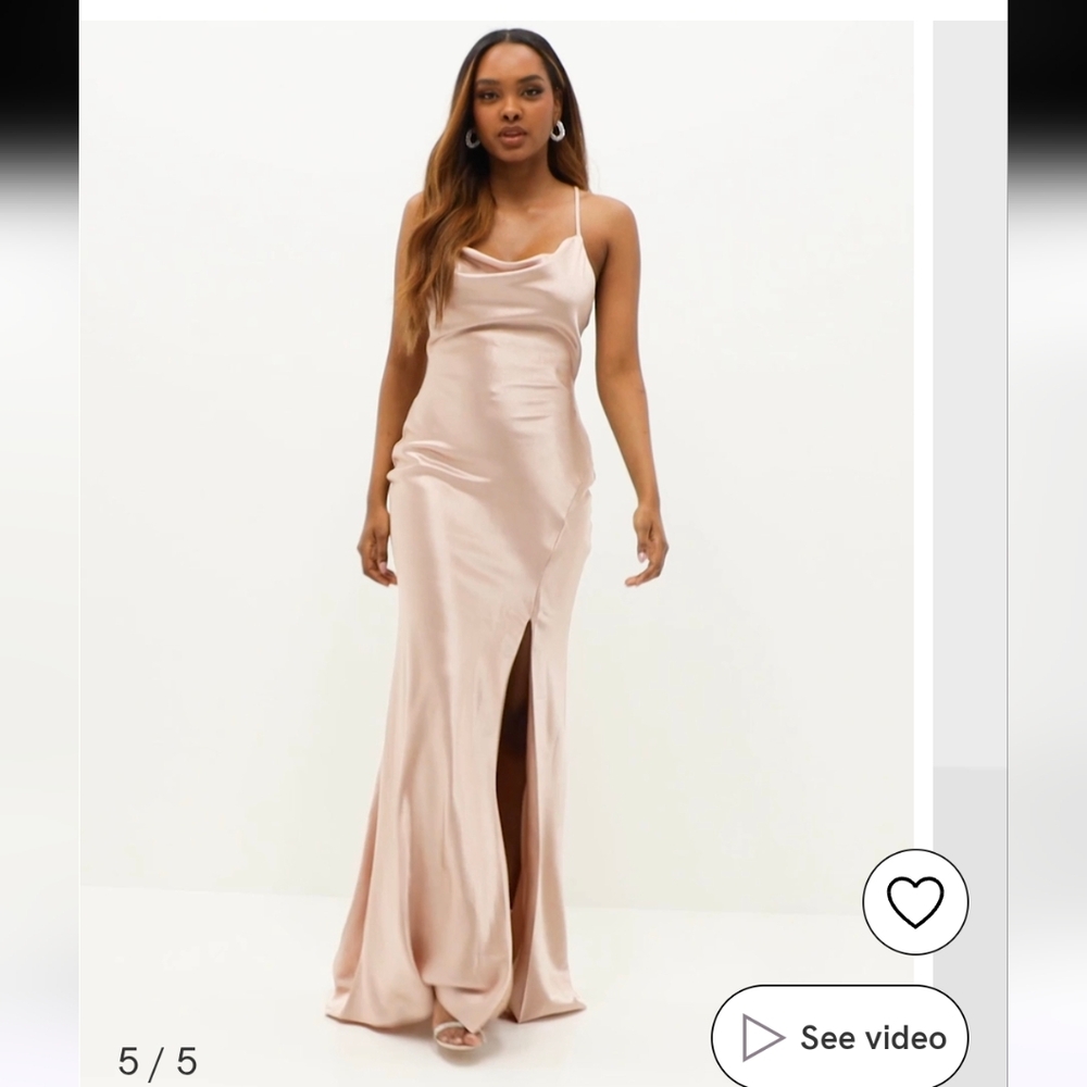 True Decadence Satin Maxi Dress Waterfall Neckline Lined Slit Adjustable Straps